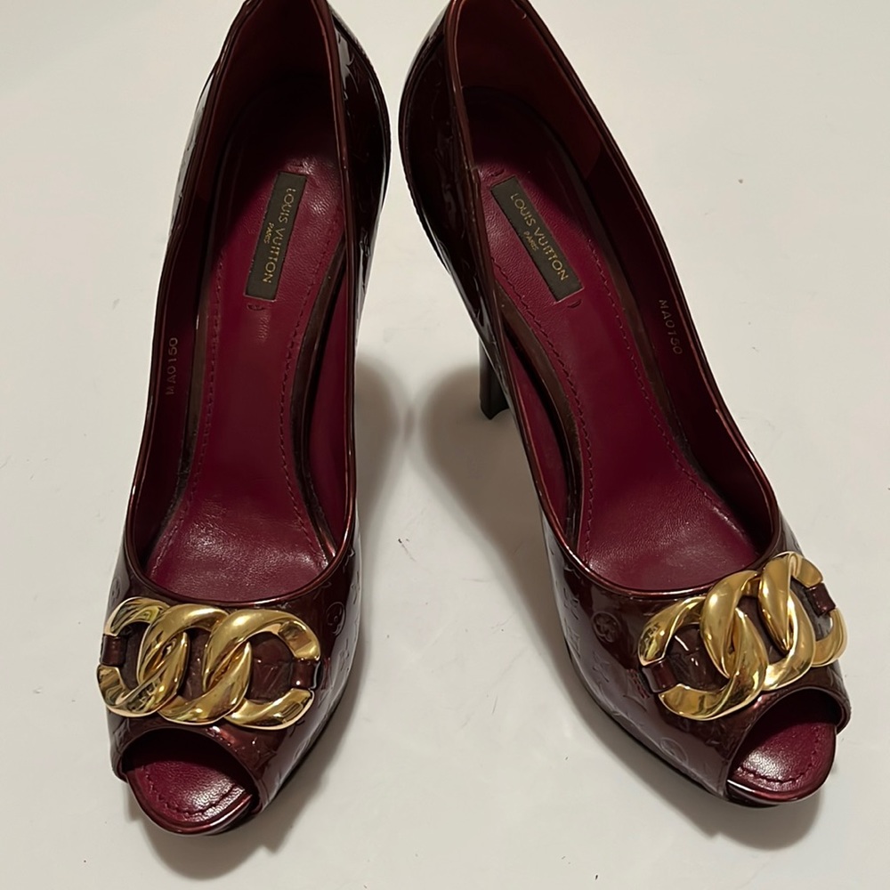 Louis Vuitton Peep Toe Red Patent Leather Pumps